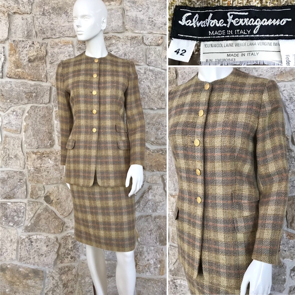 Beautiful Vintage Salvatore Ferragamo 80s 90s Plaid Wool Skirt Suit Gold Buttons